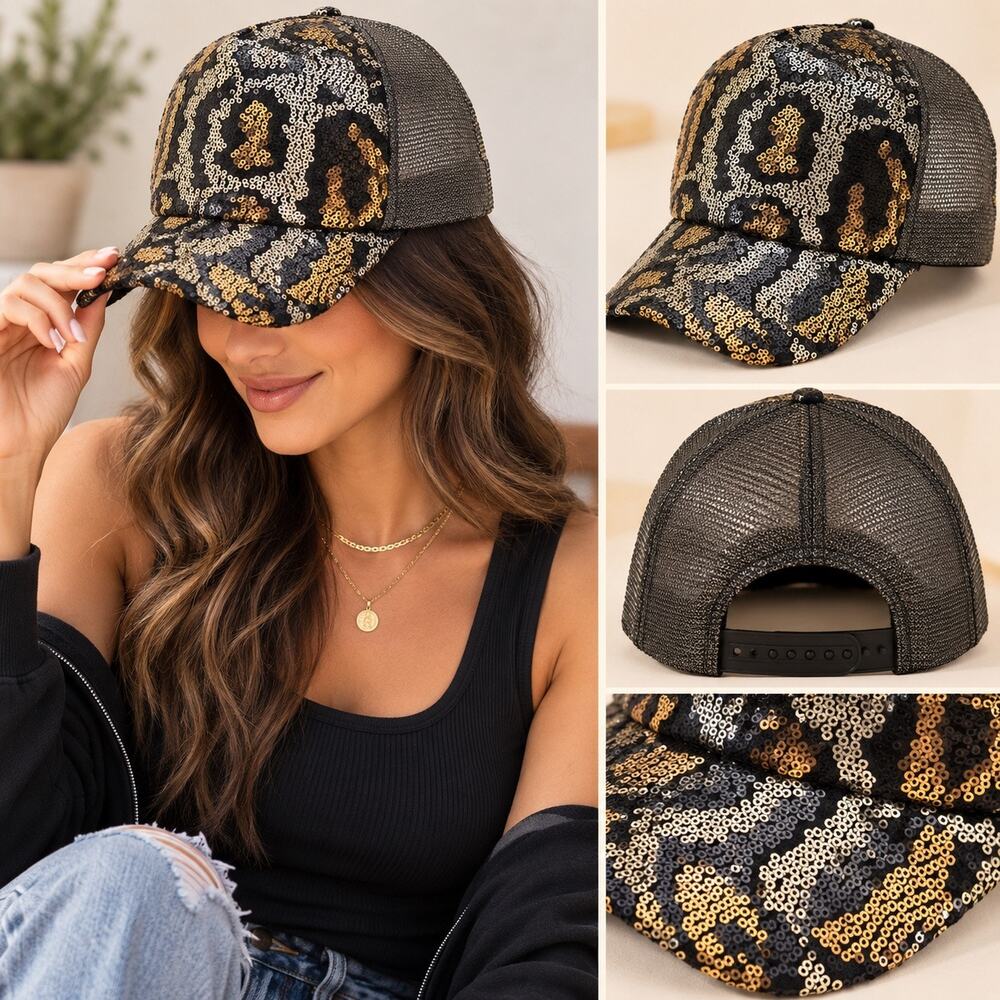 LAST TWO Sequin Camo Trucker Hat Black Gold Silver Mesh Adjustable Glam Cap